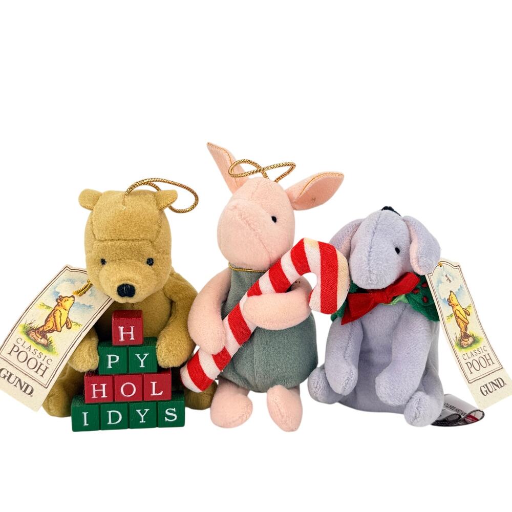 Gund Classic Pooh Piglet Eeyore Christmas Plush Ornament Set Of 3 Hallmark 4"
